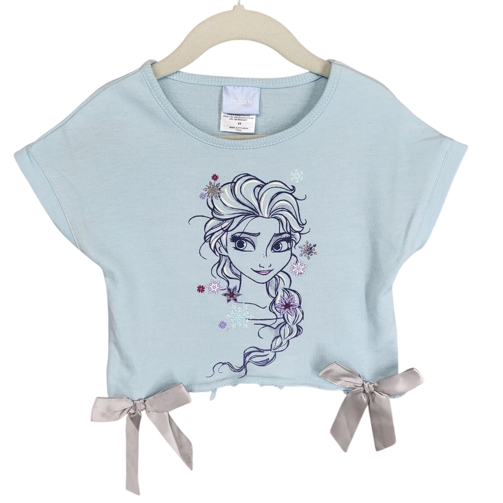 Disney Frozen Elsa Light Blue Graphic Top Short Sleeves W/Bow Hem Girl's Size 5T